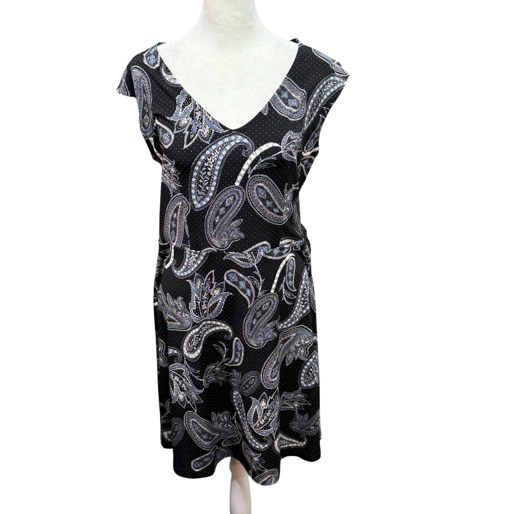 Ann Taylor Factory Paisley Polka Dot V-Neck Sheath Dress Black Blue MP #1107